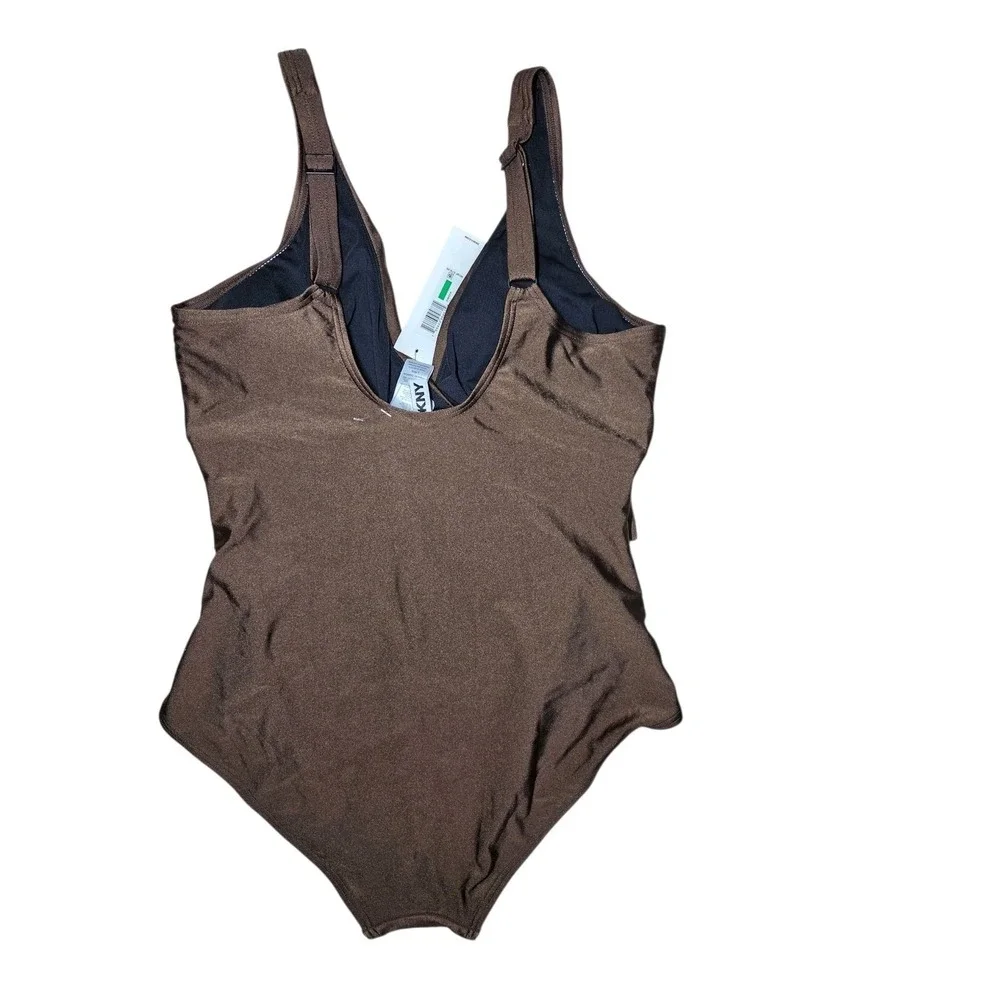 DKNY Mocha Brown Shimmer Twist Front Ruched One-Piece Swimsuit L NWT - Picture 3 of 7